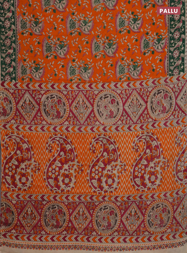 Kalamkari cotton saree orange and green with allover prints and printed border