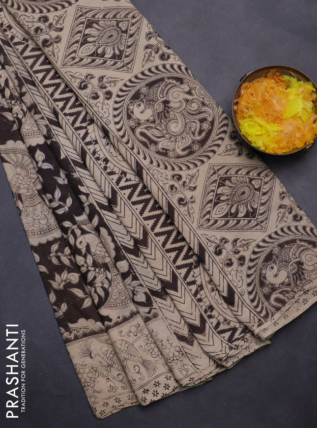 Kalamkari cotton saree brown and beige with allover prints and printed border