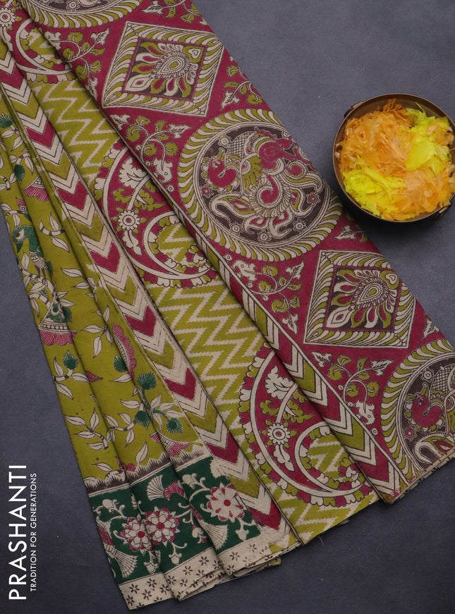 Kalamkari cotton saree lime green and dark green with allover prints and printed border