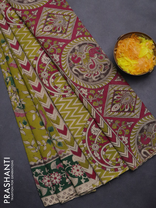 Kalamkari cotton saree lime green and dark green with allover prints and printed border