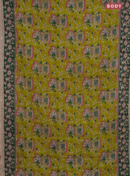 Kalamkari cotton saree lime green and dark green with allover prints and printed border