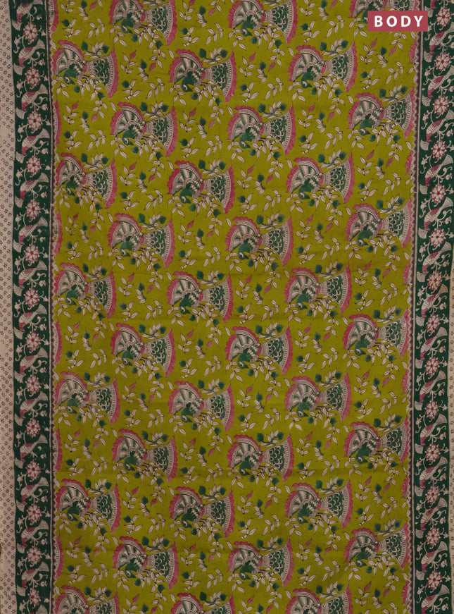 Kalamkari cotton saree lime green and dark green with allover prints and printed border