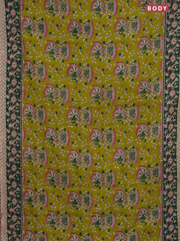 Kalamkari cotton saree lime green and dark green with allover prints and printed border