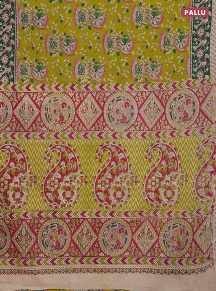 Kalamkari cotton saree lime green and dark green with allover prints and printed border