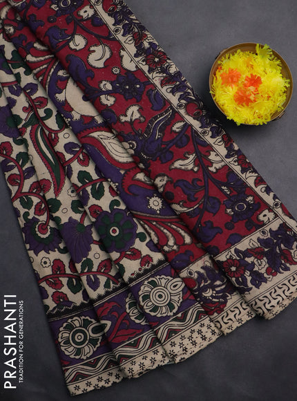Kalamkari cotton saree beige and violet with allover prints and printed border