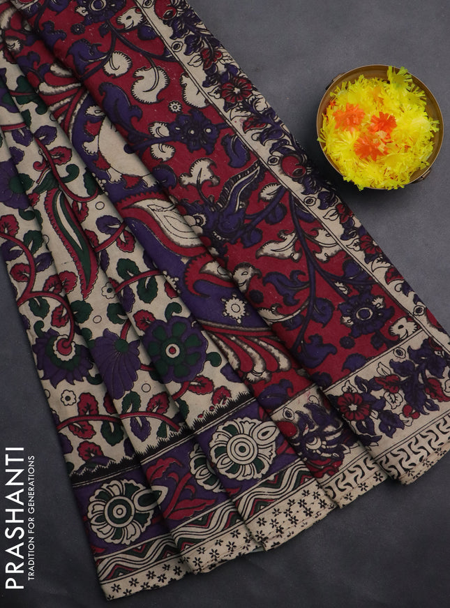 Kalamkari cotton saree beige and violet with allover prints and printed border
