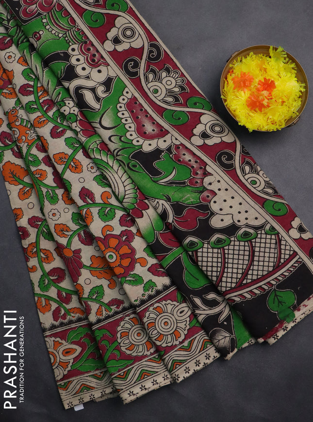 Kalamkari cotton saree beige and dark magenta pink with allover prints and printed border