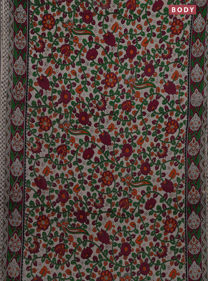 Kalamkari cotton saree beige and dark magenta pink with allover prints and printed border