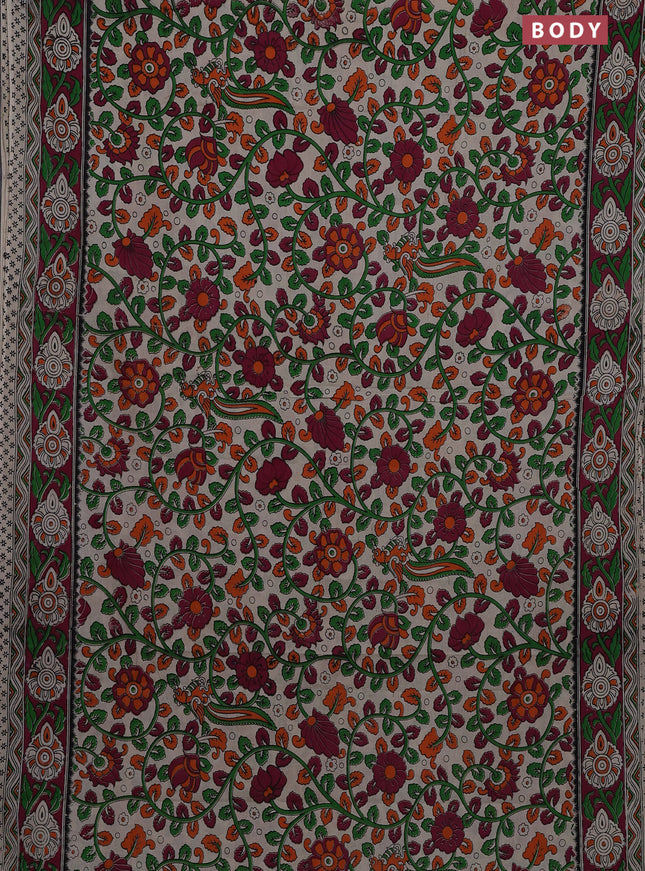 Kalamkari cotton saree beige and dark magenta pink with allover prints and printed border