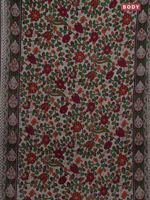 Kalamkari cotton saree beige and dark magenta pink with allover prints and printed border