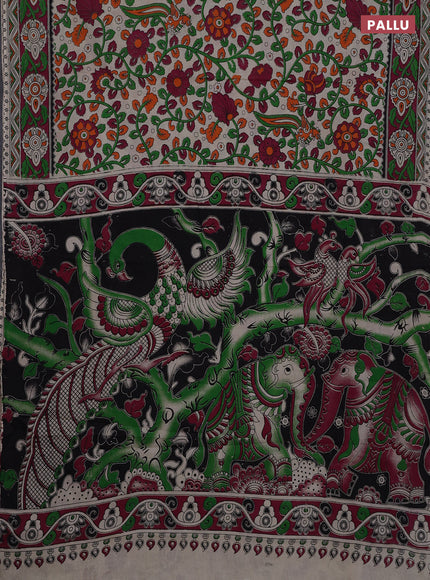 Kalamkari cotton saree beige and dark magenta pink with allover prints and printed border