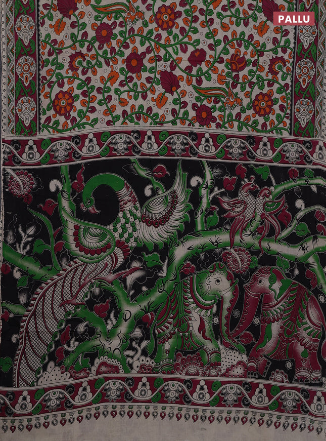 Kalamkari cotton saree beige and dark magenta pink with allover prints and printed border