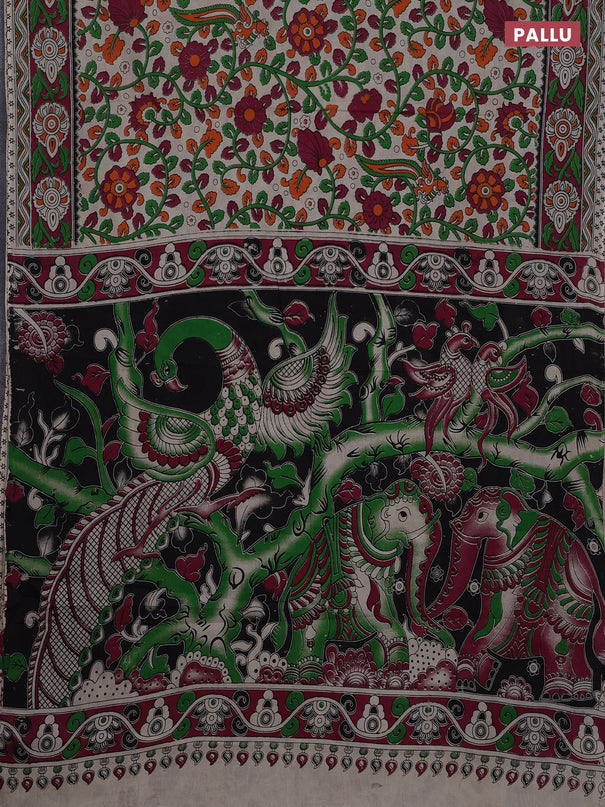 Kalamkari cotton saree beige and dark magenta pink with allover prints and printed border
