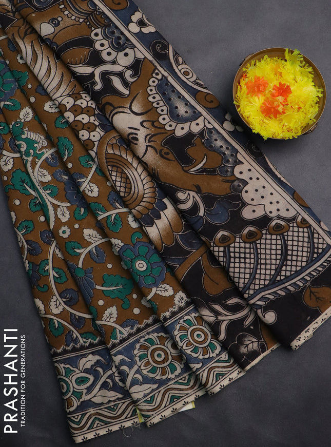 Kalamkari cotton saree dark mustard and grey with allover prints and printed border