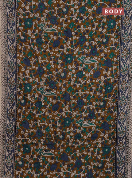Kalamkari cotton saree dark mustard and grey with allover prints and printed border