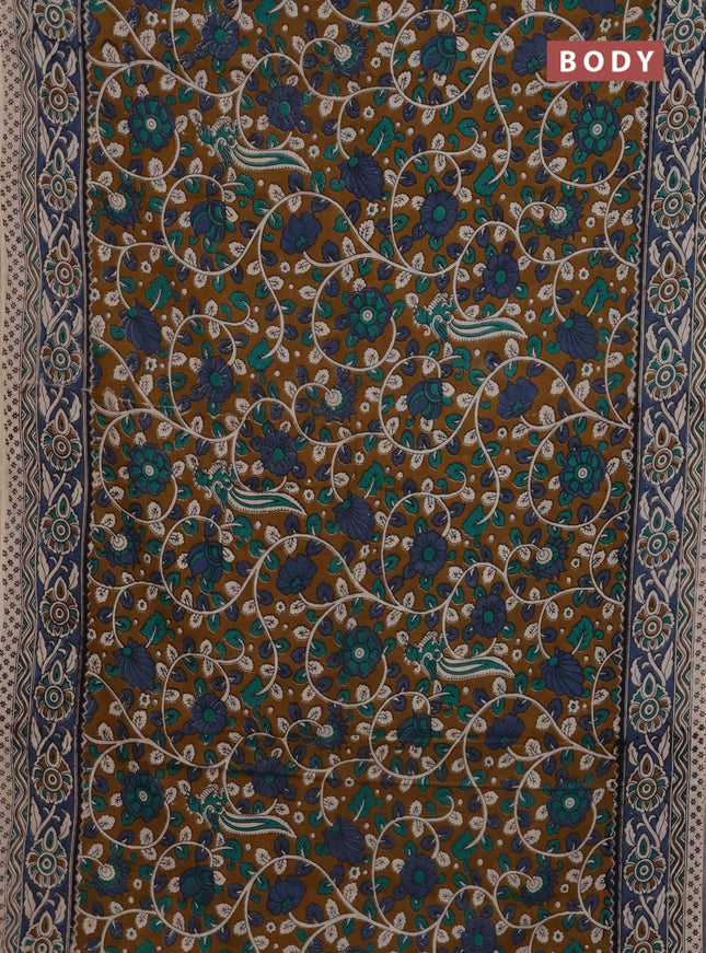 Kalamkari cotton saree dark mustard and grey with allover prints and printed border