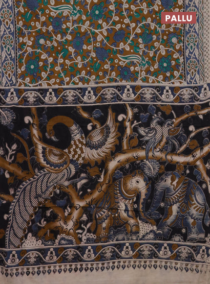 Kalamkari cotton saree dark mustard and grey with allover prints and printed border