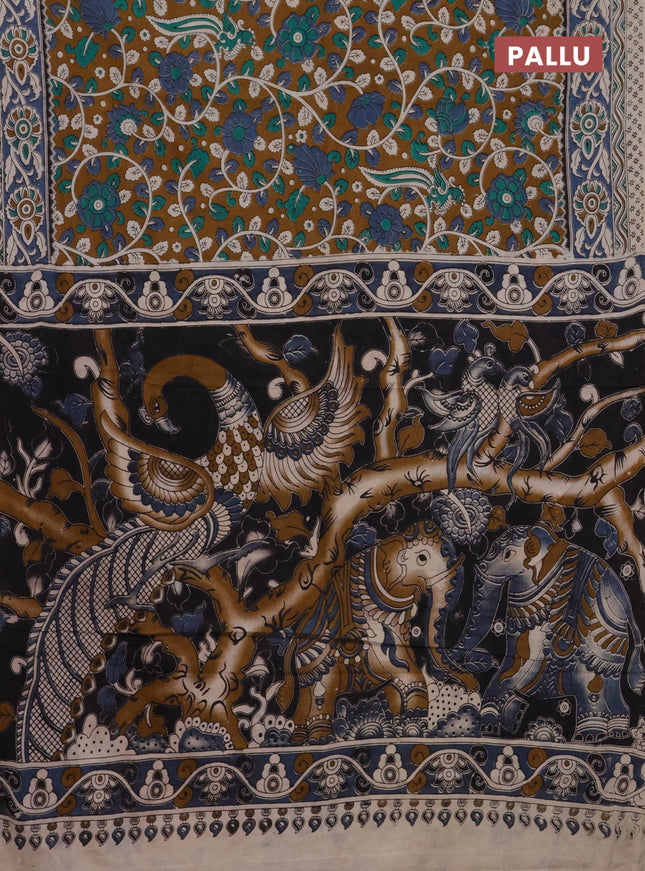 Kalamkari cotton saree dark mustard and grey with allover prints and printed border