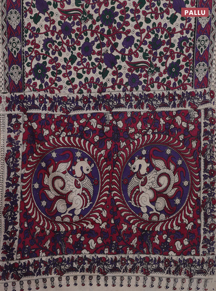 Kalamkari cotton saree beige and violet with allover prints and printed border