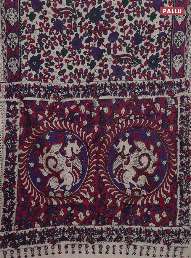 Kalamkari cotton saree beige and violet with allover prints and printed border