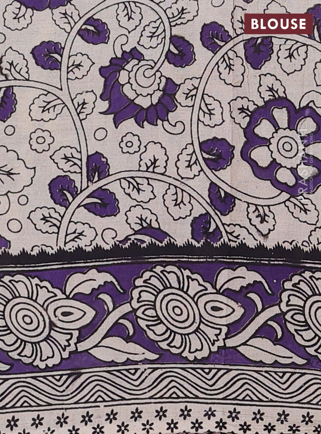 Kalamkari cotton saree beige and violet with allover prints and printed border