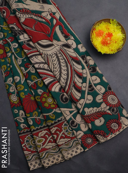 Kalamkari cotton saree green and maroon with allover prints and printed border