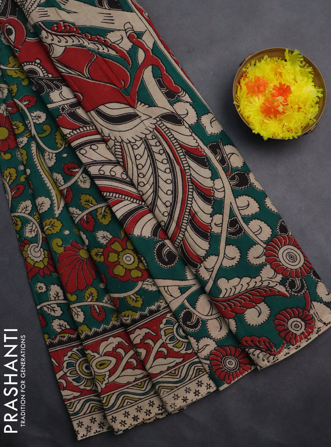 Kalamkari cotton saree green and maroon with allover prints and printed border