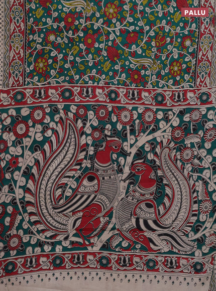 Kalamkari cotton saree green and maroon with allover prints and printed border