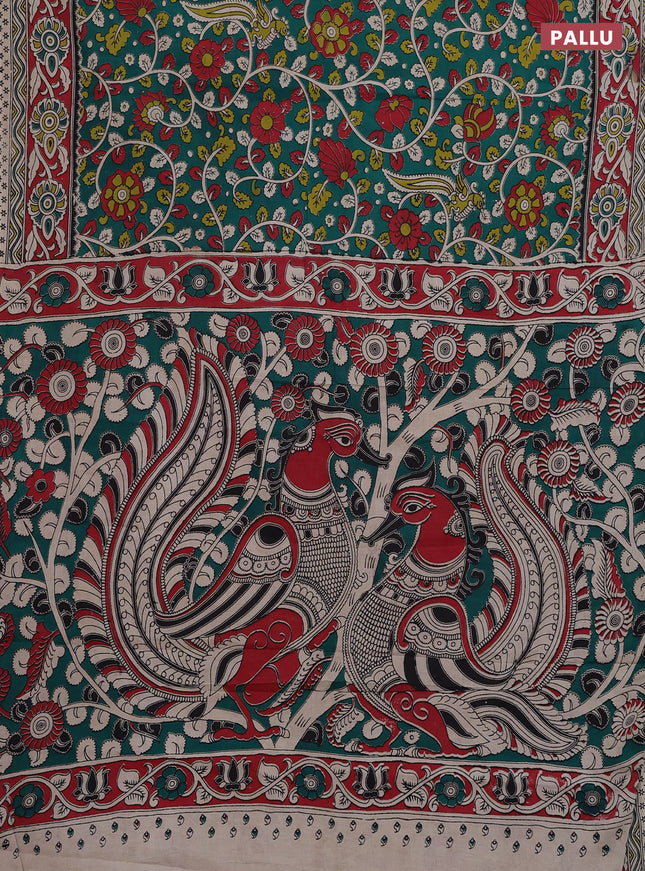 Kalamkari cotton saree green and maroon with allover prints and printed border