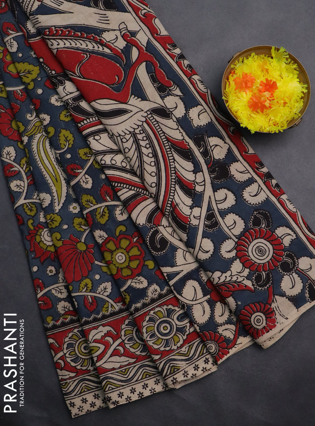 Kalamkari cotton saree grey and maroon with allover prints and printed border
