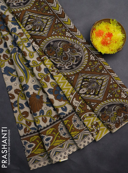 Kalamkari cotton saree beige and brown with allover prints and printed border