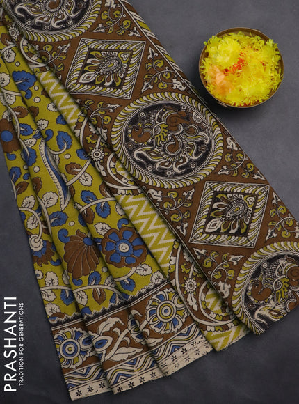 Kalamkari cotton saree lime yellow and brown with allover prints and printed border