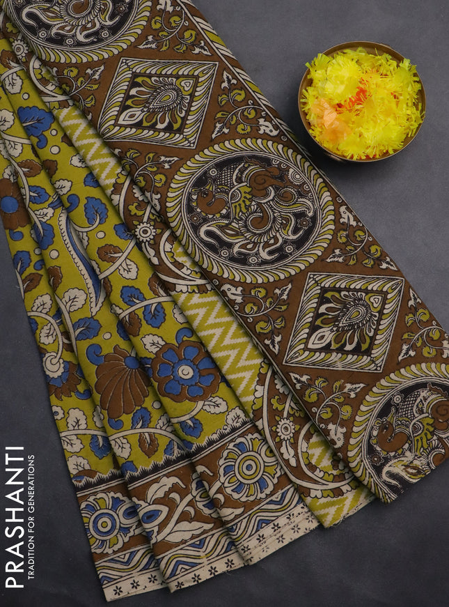 Kalamkari cotton saree lime yellow and brown with allover prints and printed border