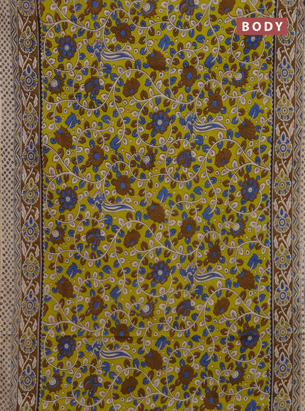 Kalamkari cotton saree lime yellow and brown with allover prints and printed border