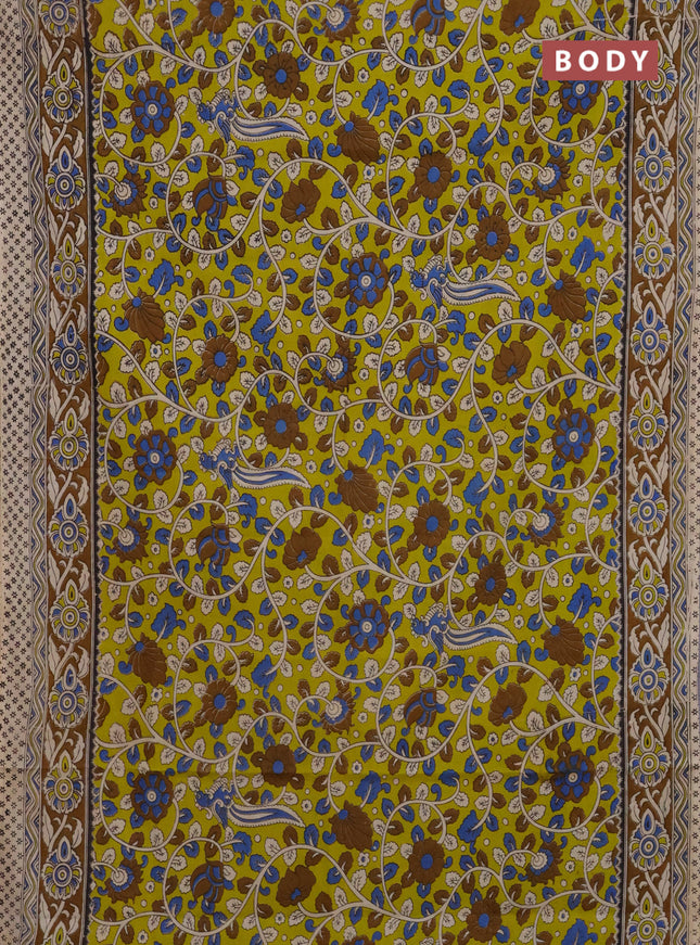Kalamkari cotton saree lime yellow and brown with allover prints and printed border