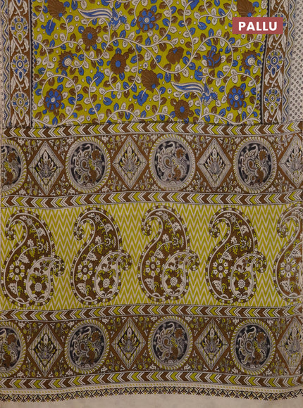 Kalamkari cotton saree lime yellow and brown with allover prints and printed border