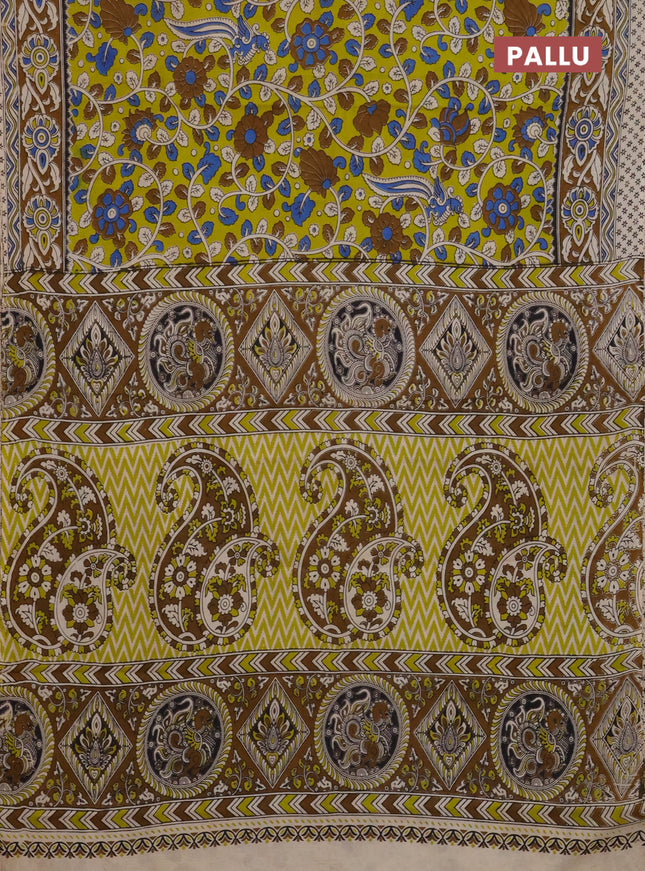 Kalamkari cotton saree lime yellow and brown with allover prints and printed border