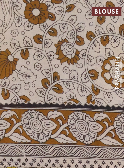 Kalamkari cotton saree lime yellow and brown with allover prints and printed border
