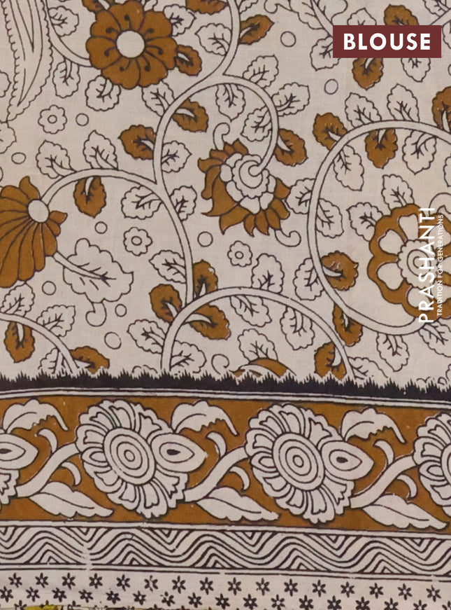 Kalamkari cotton saree lime yellow and brown with allover prints and printed border