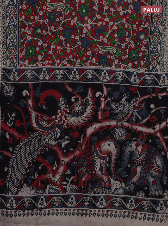 Kalamkari cotton saree maroon and grey with allover prints and printed border