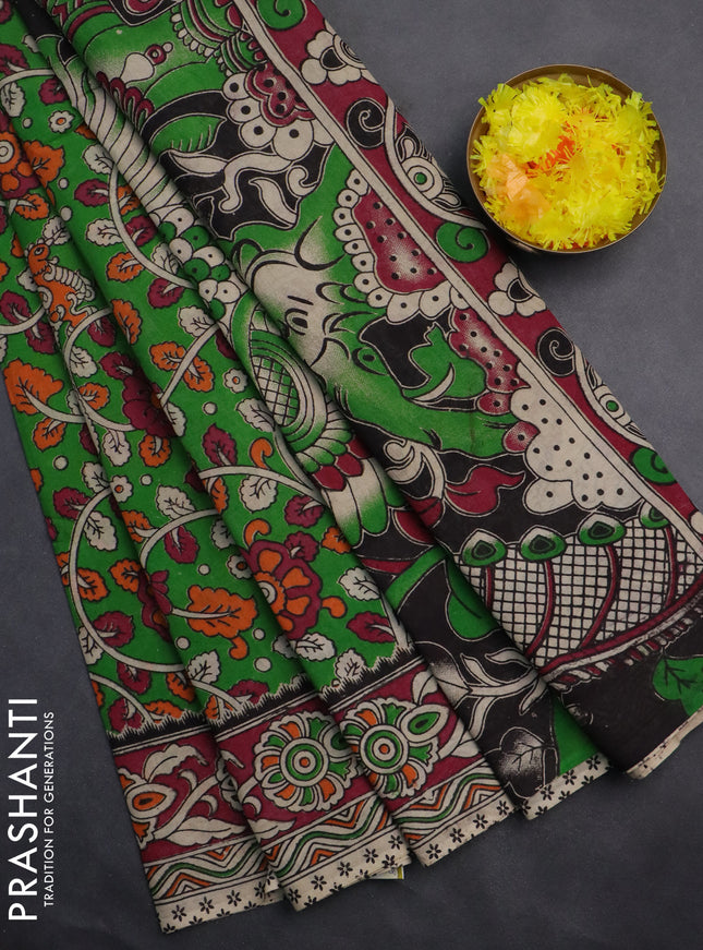 Kalamkari cotton saree light green and dark magenta pink with allover prints and printed border