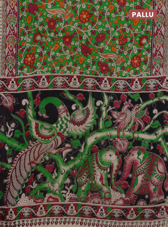 Kalamkari cotton saree light green and dark magenta pink with allover prints and printed border