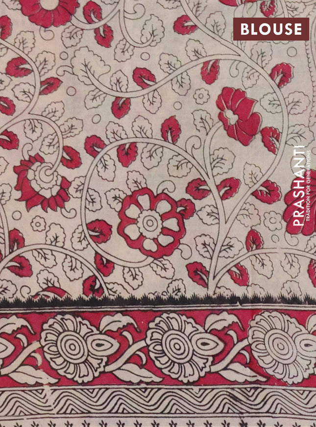 Kalamkari cotton saree light green and dark magenta pink with allover prints and printed border