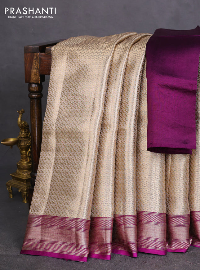 Banarasi tissue silk saree gold and purple with allover zari woven brocade weaves and zari woven border