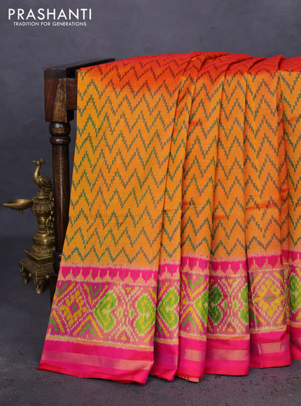 Rajkot patola silk saree mango yellow and pink with allover zig zag ikat weaves and zari woven ikat border