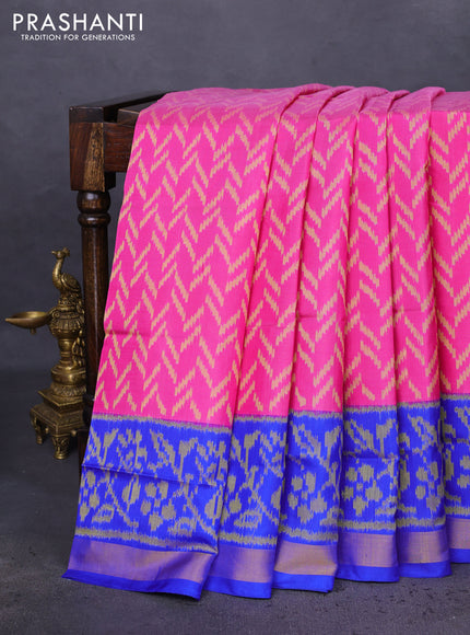 Rajkot patola silk saree pink and blue with allover ikat weaves and ikat woven ikat border