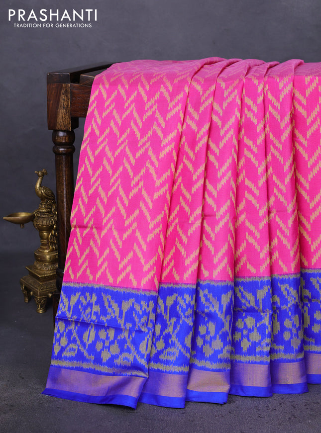 Rajkot patola silk saree pink and blue with allover ikat weaves and ikat woven ikat border