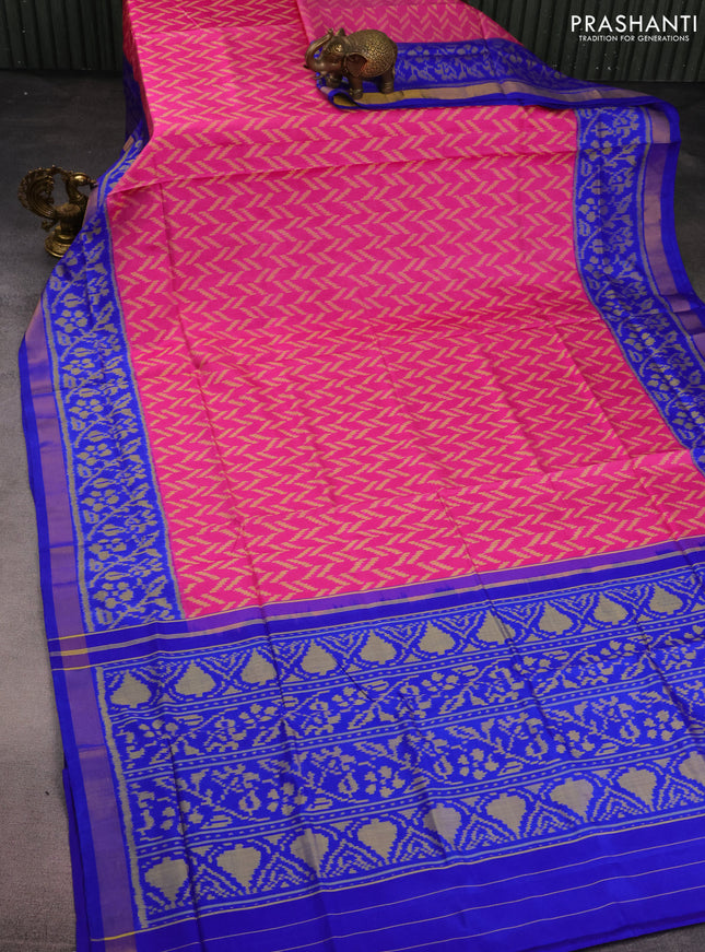 Rajkot patola silk saree pink and blue with allover ikat weaves and ikat woven ikat border