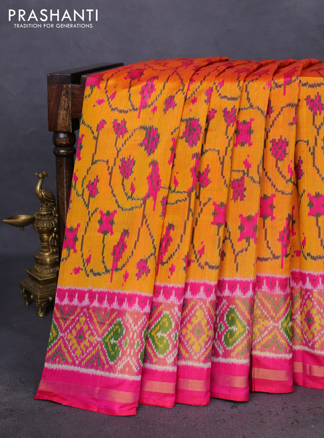 Rajkot patola silk saree mango yellow and pink with allover ikat weaves and zari woven ikat border