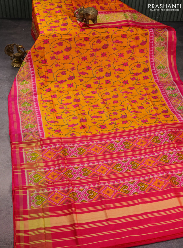 Rajkot patola silk saree mango yellow and pink with allover ikat weaves and zari woven ikat border